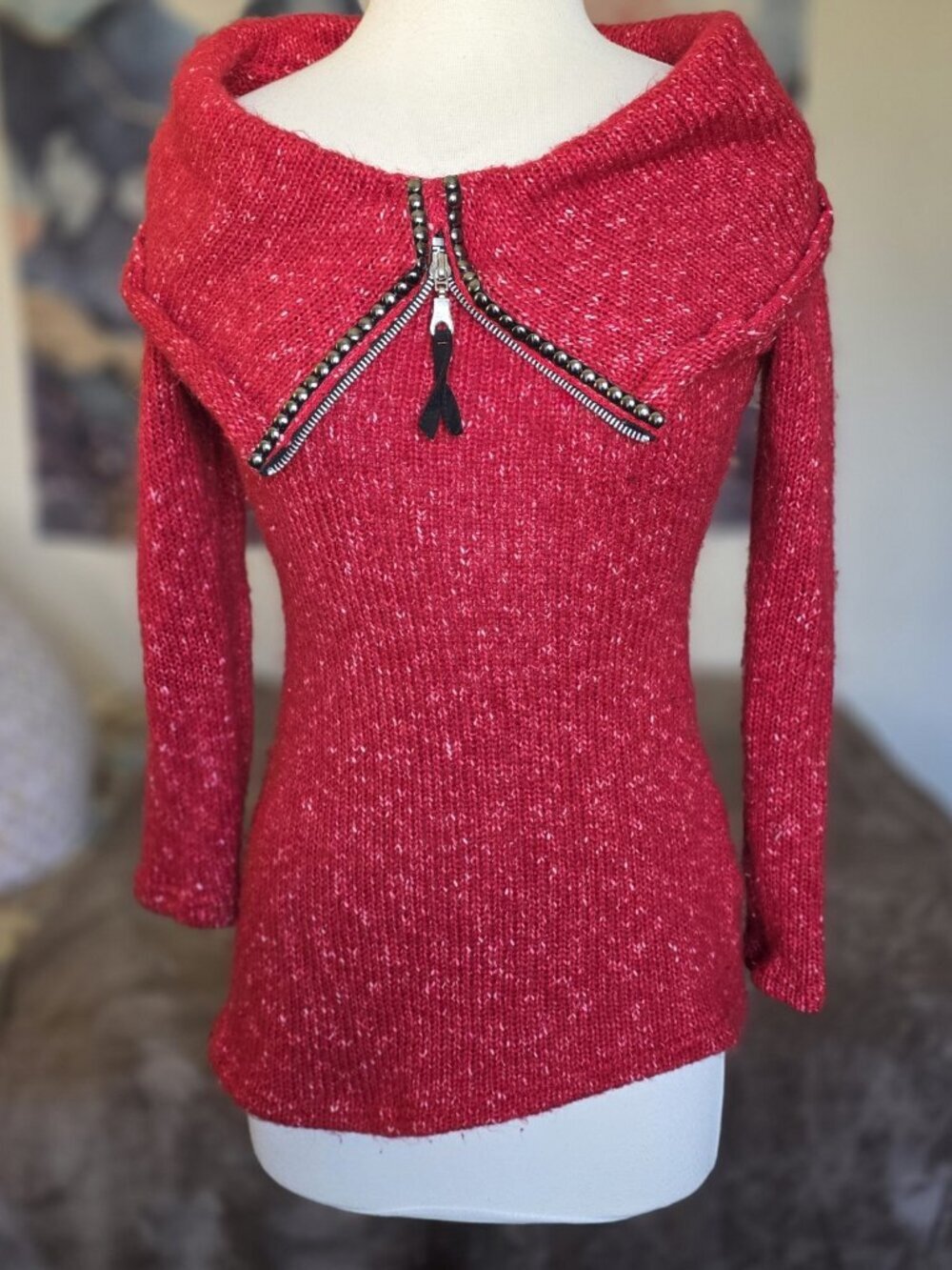 Zone Bleue Paris Vintage Silk Knit Red Off Shoulder Asymmetrical Zip Sweater XS - Picture 13 of 14